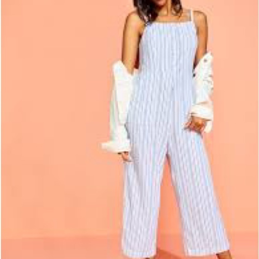 Old Navy Blue and White Striped Linen-Blend Jumpsuit - Picture 2 of 10